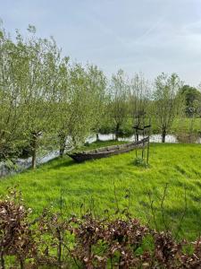 a field of green grass with a boat in it at Blossom Barn Lodges in Oudewater