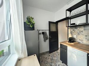 a kitchen with a counter and a black door at Groundfloor Rahmaninov in Bucharest +7 photos