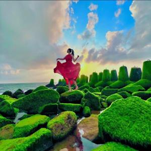 Khách sạn Phú Yên في Liên Trì (3): امرأة ترتدي ثوب احمر وتقفز على الطحالب وتغطي الصخور