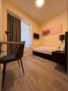 um quarto com uma cama, uma secretária e uma cadeira em Altstadt Hotel Schwanen em Waldshut-Tiengen