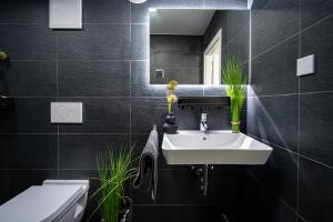 a bathroom with a white sink and a mirror at Blauer Stein 7a WH06 - Apartment Studio plus 1 SZ, 7Betten in Pulheim +12 photos