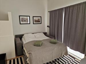 1 dormitorio con 1 cama y 2 toallas verdes en MainStreet20, en Stykkishólmur