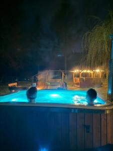 basen w nocy z oświetleniem w obiekcie Dom z kominkiem dla 12os. w Kruklankach