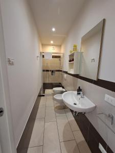 bagno con 2 servizi igienici, lavandino e specchio di Appartamento Ornella a Cremona