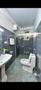 uma casa de banho com um WC, um lavatório e um chuveiro em Bahama scape em Dar es Salaam