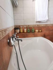 a bathroom with a bath tub with a shower at Mama's house. 300m απο τον μύλο των ξωτικών. in Tríkala