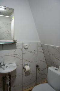 La salle de bains est pourvue d'un lavabo, de toilettes et d'un miroir. dans l'établissement Ośrodek BEAVER, à Wiele
