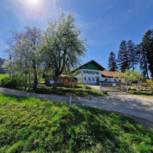 una casa blanca con un árbol y una entrada en Landgut Michlshof - Bauernhof, Tinyhouse, Tiere, en Untergriesbach