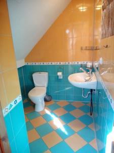 La salle de bains est pourvue de toilettes et d'un lavabo. dans l'établissement Apartament Zamoście, à Zamość