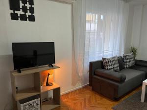 salon z kanapą i telewizorem z płaskim ekranem w obiekcie Студио Рози апартамент w mieście Sandanski