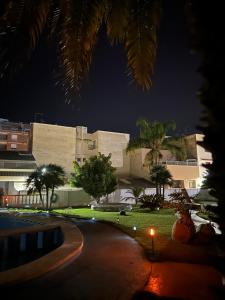 a night view of a building with palm trees at HOTEL MIRAMAR in Torreblanca