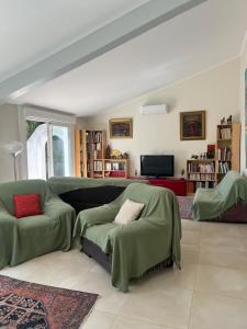 - un salon avec un canapé et deux chaises dans l'établissement Magnifique villa l'Ibis pour 8 personnes, piscine, clim,parc et parking, à Arles