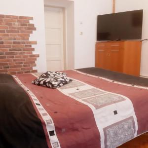 a bedroom with a large bed with a flat screen tv at APARTMENT POPS in Cluj-Napoca