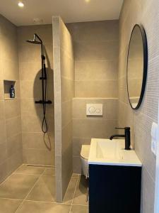 uma casa de banho com um chuveiro, um lavatório e um WC. em Apartement City Center Gouda: View Deluxe em Gouda