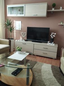 a living room with a flat screen tv on a cabinet at Apartman Unac in Drvar