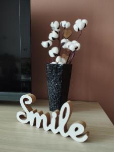 a vase with flowers and a sign that says smile at Apartman Unac in Drvar