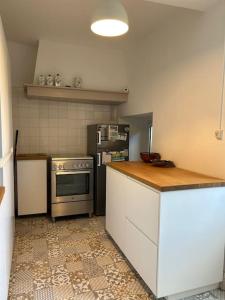 una cucina con piano cottura e frigorifero di Maison de village a Ussat