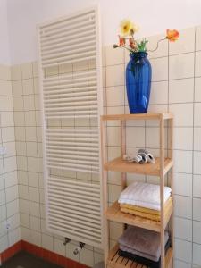 ein Badezimmer mit einem Regal mit einer blauen Vase in der Unterkunft exklusive Ferienwohnung in Architekten Villa, nähe Theater in Meiningen
