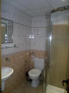 a bathroom with a toilet and a sink and a shower at Комплекс Рожена, хотел, хотелски комплекс Рожена in Rozhen