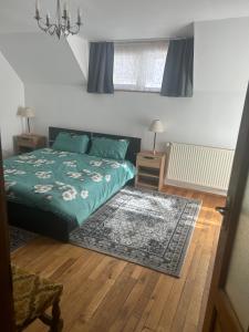 una camera con un letto verde e un tappeto di Casa Lazar a Săcele