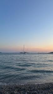 a sail boat in the water with a beach at Athena Tiny House in Bodrum City
