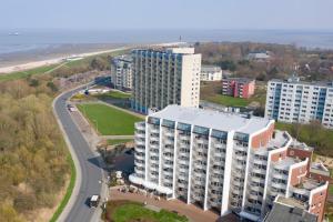 an aerial view of a large building near the beach at Lord Nelson Cuxhaven in Cuxhaven