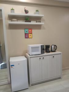 La cuisine est équipée d'un four micro-ondes et d'un réfrigérateur. dans l'établissement Apartamento Studio Central, à Navegantes