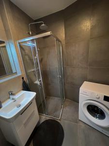 a bathroom with a shower and a washing machine at Apartmán Melissa in Žilina