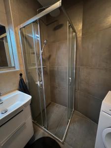 a shower with a glass door in a bathroom at Apartmán Melissa in Žilina