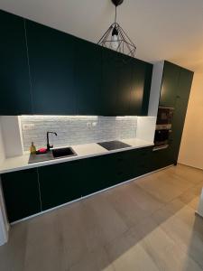 a kitchen with green cabinets and a sink at Apartmán Melissa in Žilina