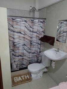 y baño con lavabo, aseo y cortina de ducha. en Krystalise Loft, en Bridgetown