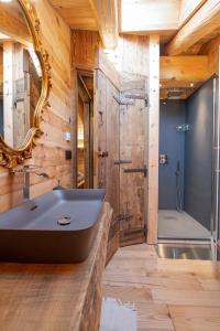 La salle de bains est pourvue d'un lavabo et d'une douche. dans l'établissement Casa Vacanze I Foresti C'A D'Arte, à San Damiano Macra