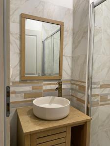 a bathroom with a white sink and a mirror at Cosy studio, lit double in Le Mans