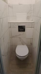 a bathroom with a white toilet in a stall at Apartman Březinova in Brno