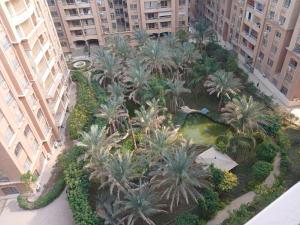 an overhead view of a garden with palm trees and buildings at كمبوند سيتي تاورز مدينة نصر حي الواحه in Cairo