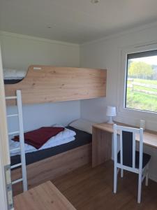 a bedroom with a bunk bed and a desk and a window at Haus Hecht in Lohmen