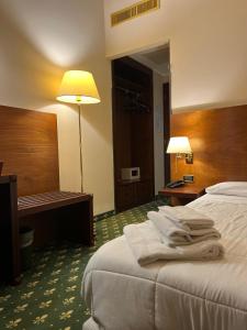a hotel room with a bed and a desk at Hotel President in Montecatini Terme