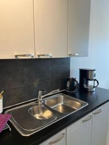 a kitchen counter with a sink and a coffee maker at Sibelius Kaksio Haminassa in Hamina