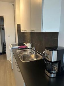 a kitchen counter with a sink and a coffee maker at Sibelius Kaksio Haminassa in Hamina