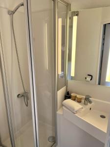 a bathroom with a shower and a sink and a mirror at ibis budget Arles Sud Fourchon in Arles
