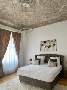 a bedroom with a large bed with a ceiling at Schiller Rooms in Sibiu