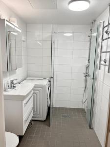 a bathroom with a washing machine and a sink at RANTA in Tampere
