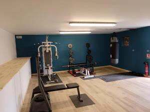 a fitness room with a gym with a treadmill and weights at Camping de La Hallerais**** in Taden
