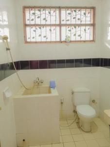 ein Bad mit einem WC, einem Waschbecken und einem Fenster in der Unterkunft Villa family Montana 3 in Cicadas