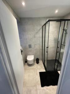 a bathroom with a toilet and a glass shower at Le Clos des Cadots in Chaintré