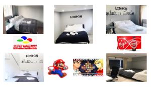 eine Collage mit Bildern eines Zimmers mit einem Schlafzimmer in der Unterkunft En-suite Soft Water Air Conditioning TV NEO in London