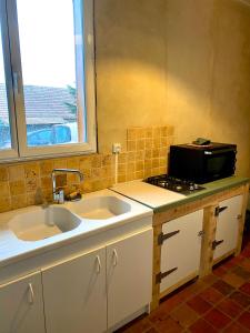 a kitchen with a sink and a microwave at Gîte Béthel in Lachamp-Raphaël