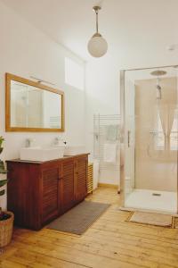 een badkamer met wastafel en douche met spiegel bij La Parenthèse in Mortagne-au-Perche