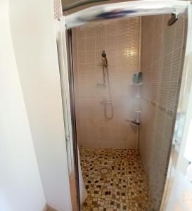ein Bad mit einer Dusche und einer gefliesten Dusche in der Unterkunft CHAMBRE ALOEVERA in Saint-Christol