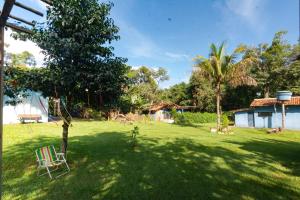 a yard with a tree and a chair in the grass at Hostel e Camping Jardim da Mata in Chapada dos Guimarães